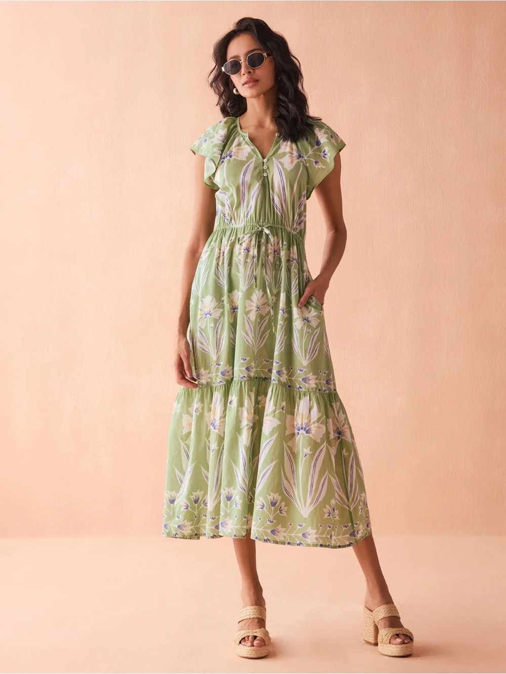 Floral Tiered Midi Dress in Light Sage